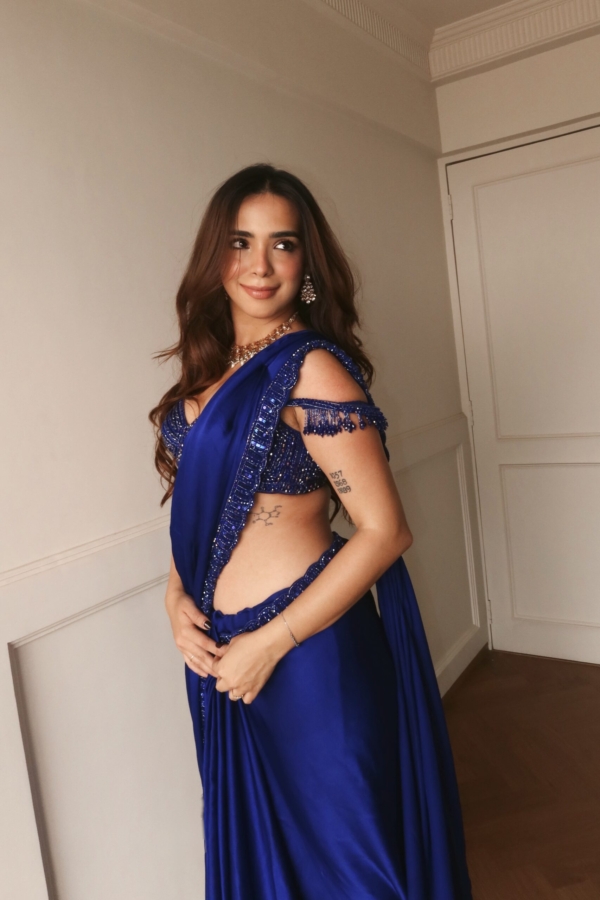 Siddhi Karwa in Cocktail Blue Satin Saree Set