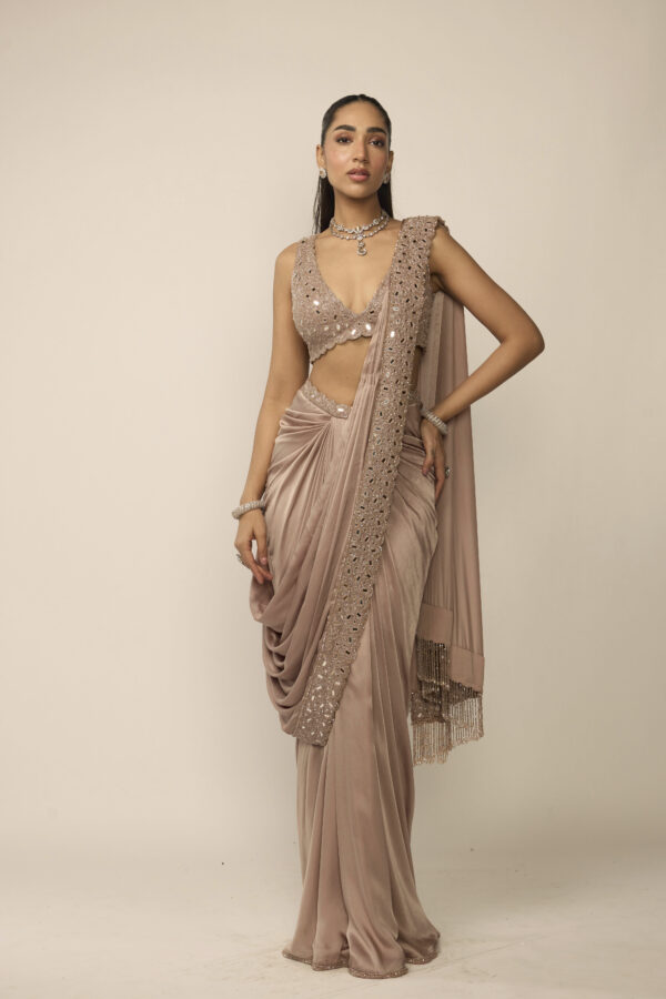 Bronze Rosé Satin Draped Saree Set