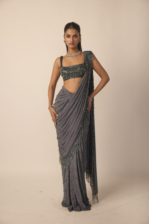 Metallic Grey Linear Draped Saree