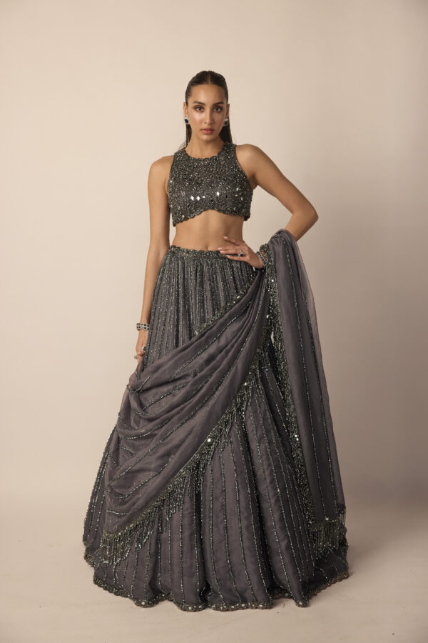Metallic Grey Linear Lehenga Set