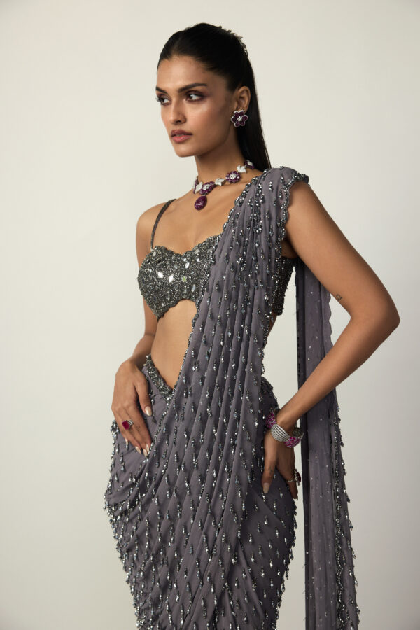 Metallic Grey Single Drop Draped Saree Set