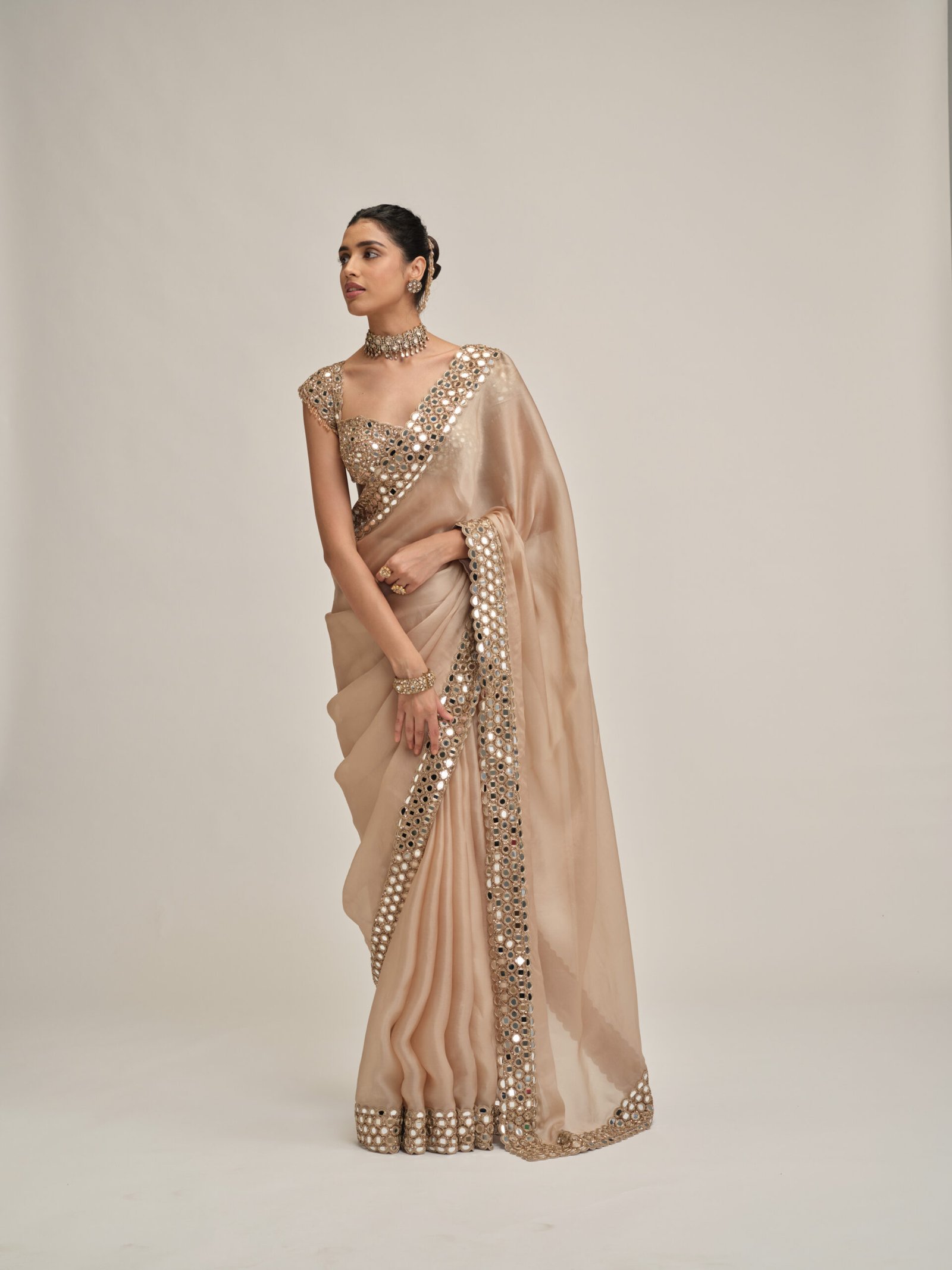 LIGHT BEIGE MIRROR BORDER SAREE SET - Image 5