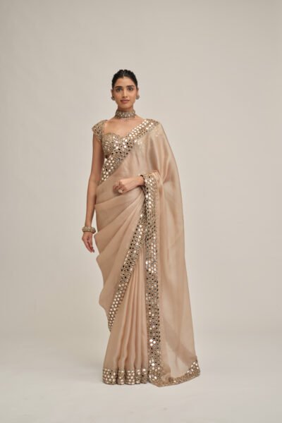 LIGHT BEIGE MIRROR BORDER SAREE SET
