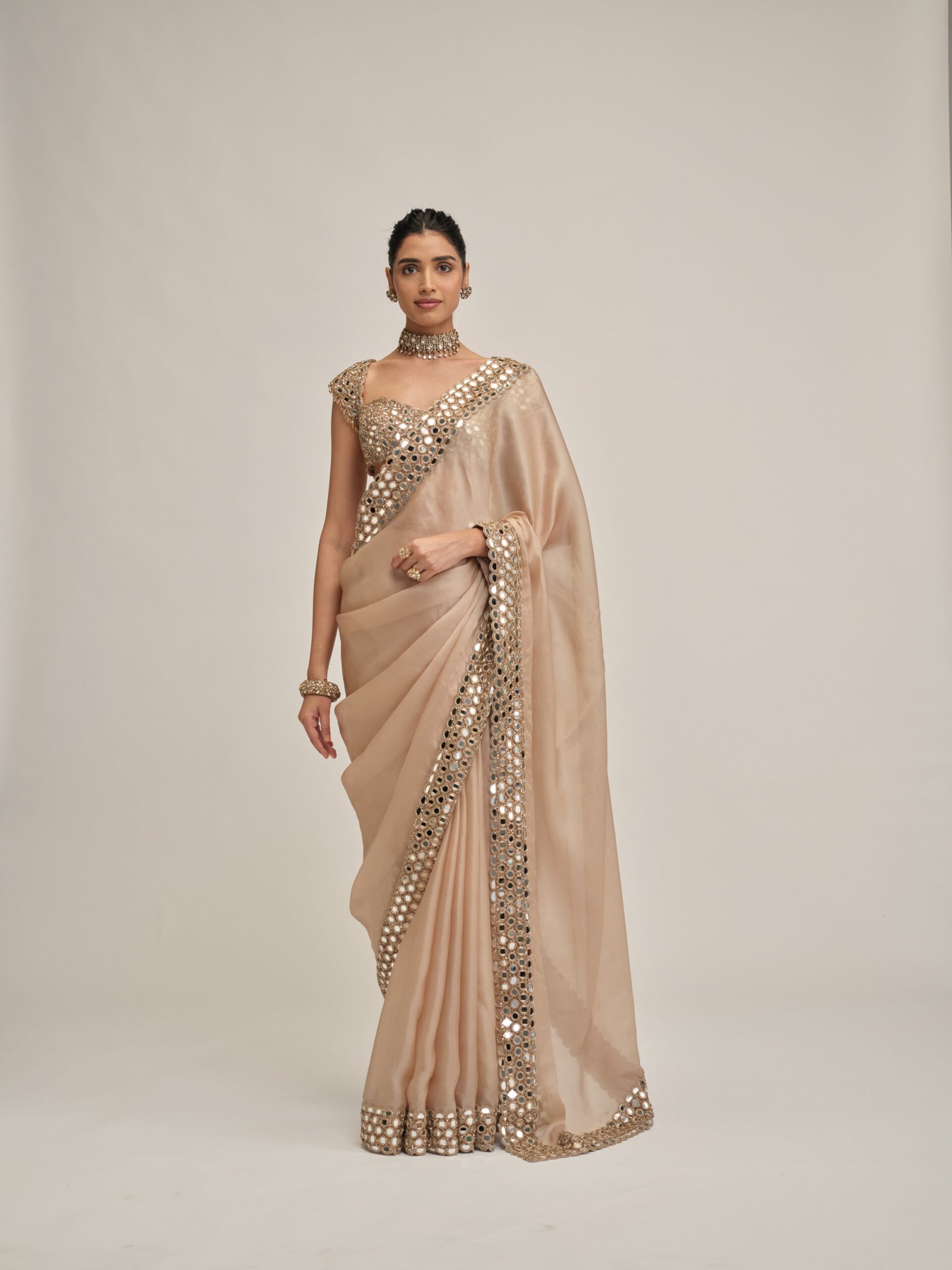 LIGHT BEIGE MIRROR BORDER SAREE SET