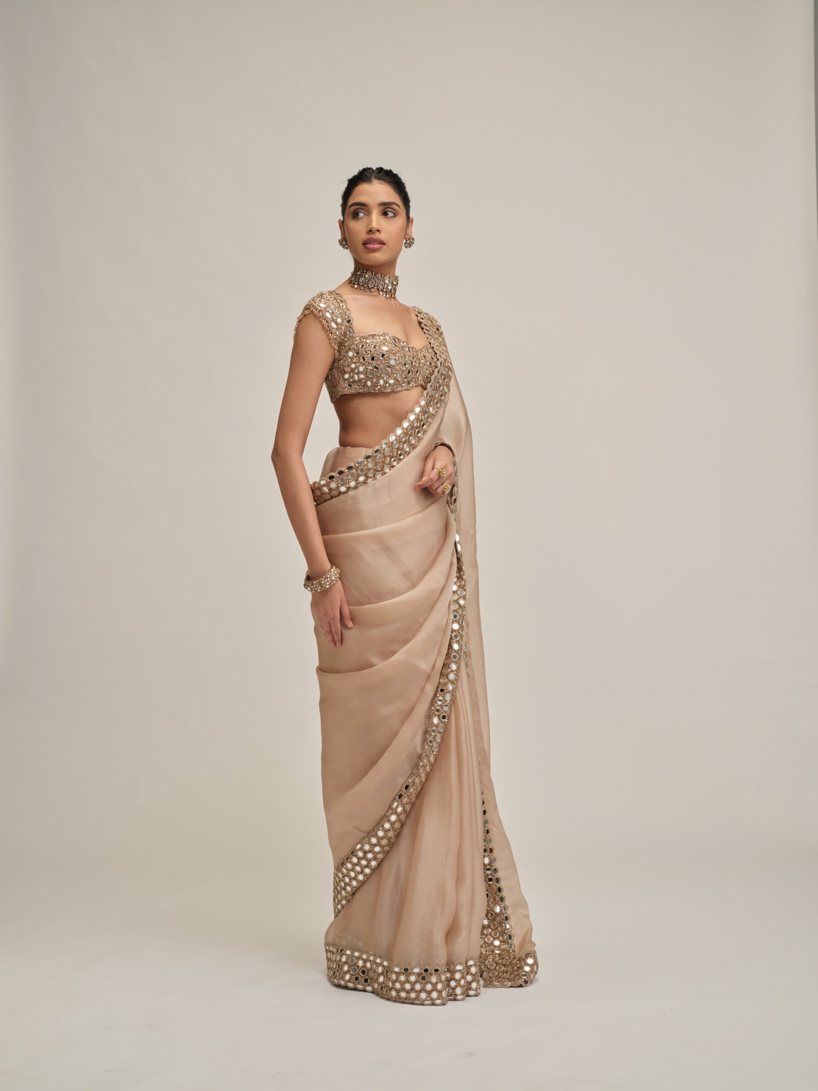 LIGHT BEIGE MIRROR BORDER SAREE SET - Image 4