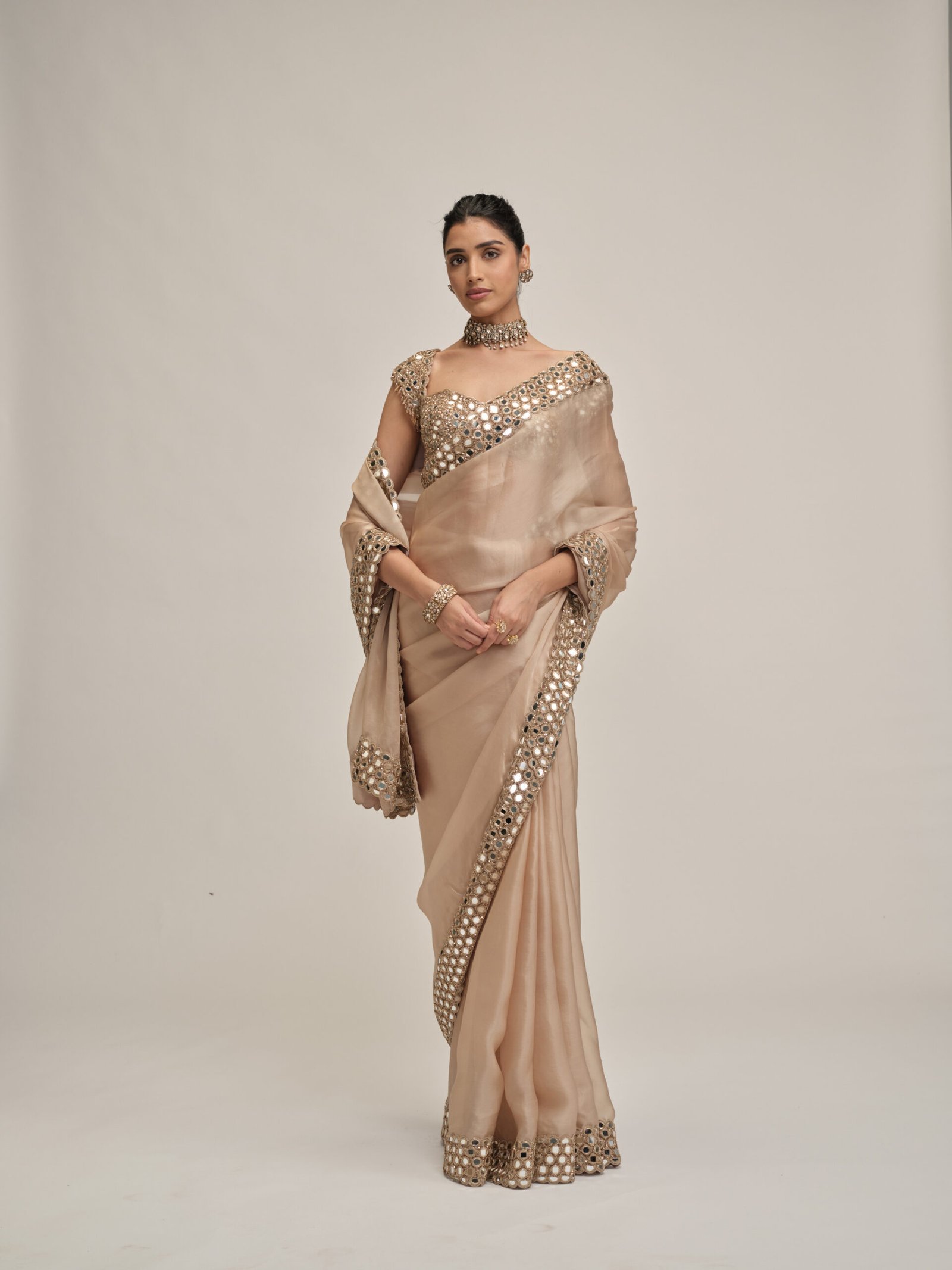 LIGHT BEIGE MIRROR BORDER SAREE SET - Image 3