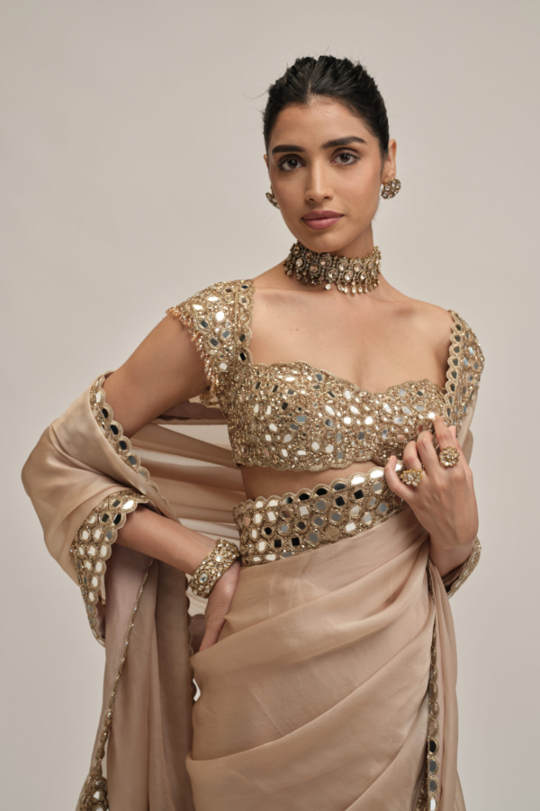 LIGHT BEIGE MIRROR BORDER SAREE SET