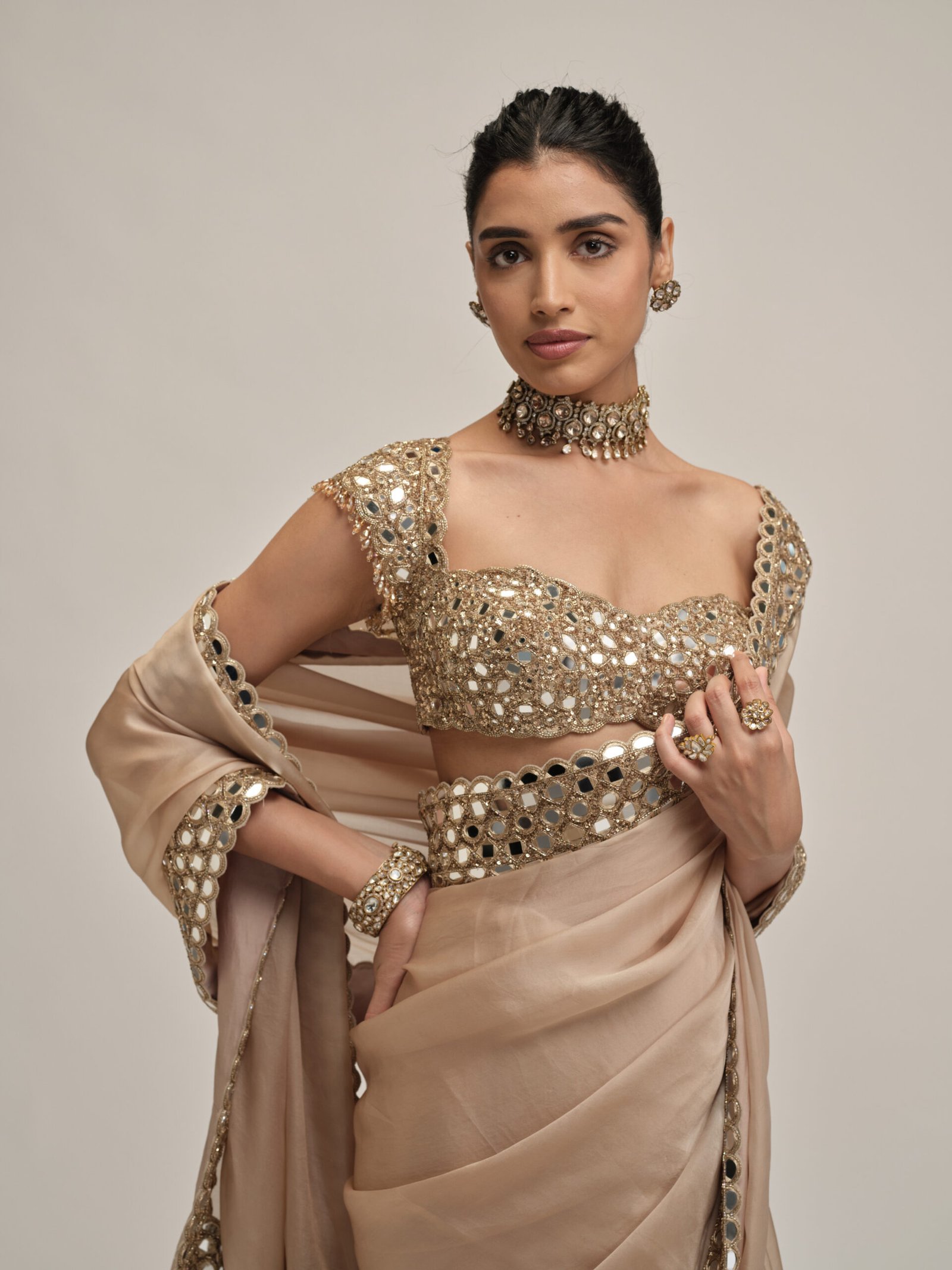 LIGHT BEIGE MIRROR BORDER SAREE SET - Image 2