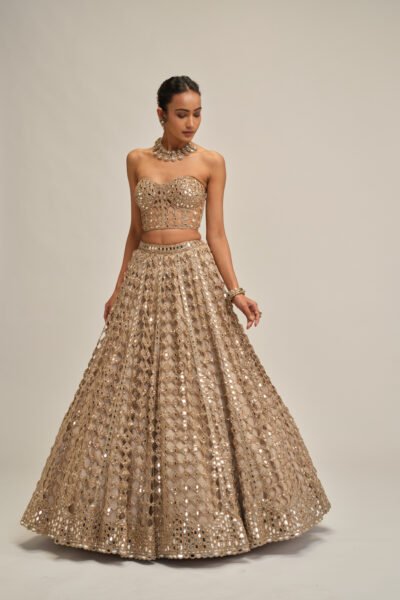 LIGHT BEIGE DIAMOND MIRROR CUTWORK CROP TOP SKIRT SET