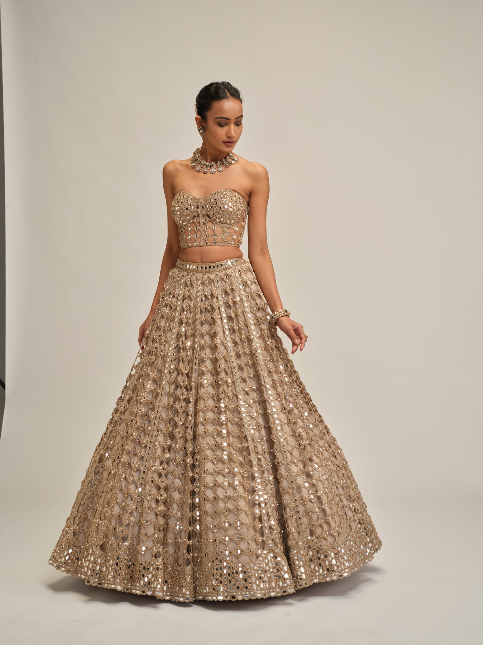 LIGHT BEIGE DIAMOND MIRROR CUTWORK CROP TOP SKIRT SET