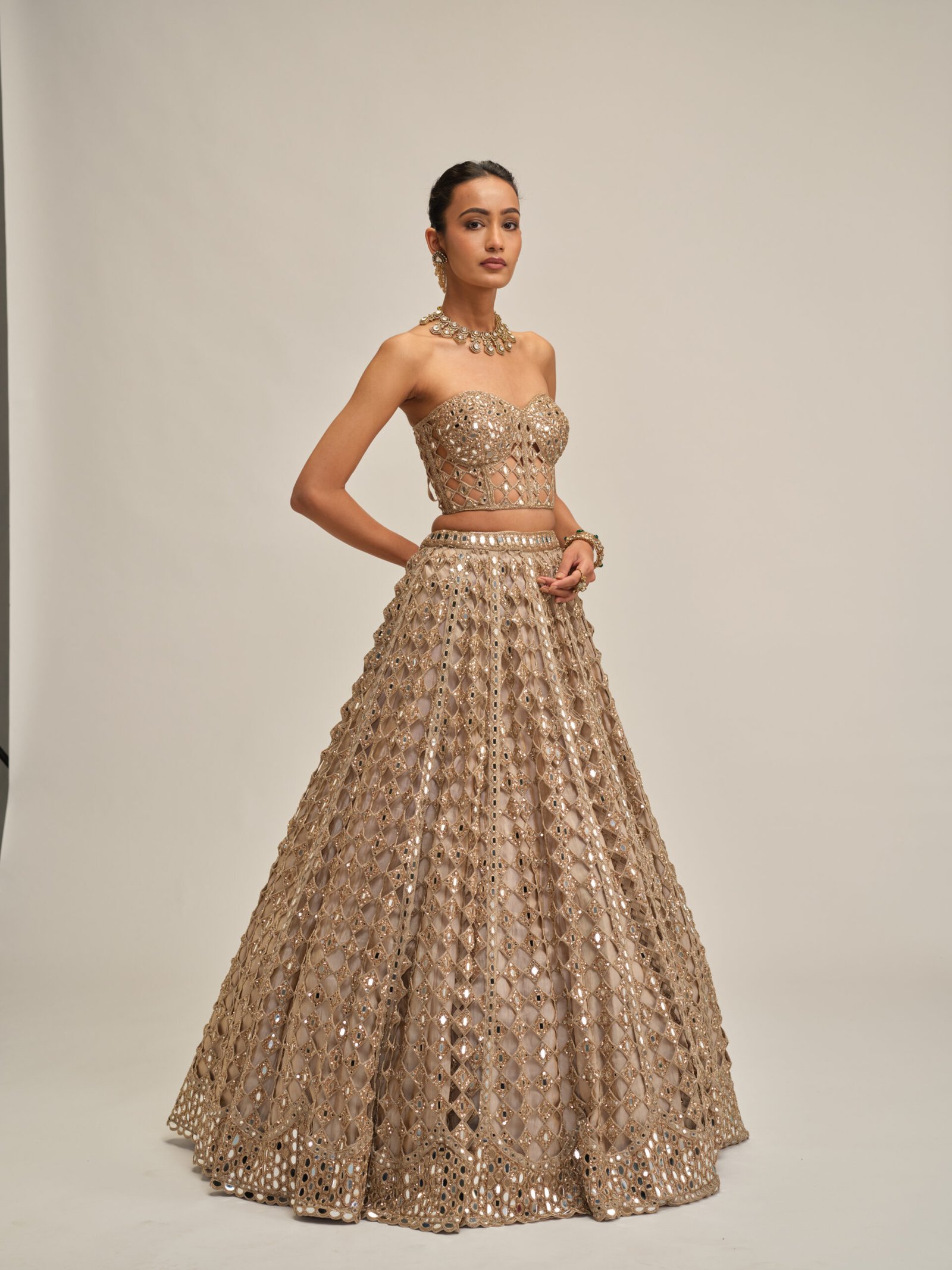 LIGHT BEIGE DIAMOND MIRROR CUTWORK CROP TOP SKIRT SET - Image 3