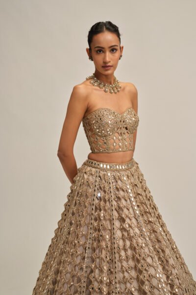 LIGHT BEIGE DIAMOND MIRROR CUTWORK CROP TOP SKIRT SET