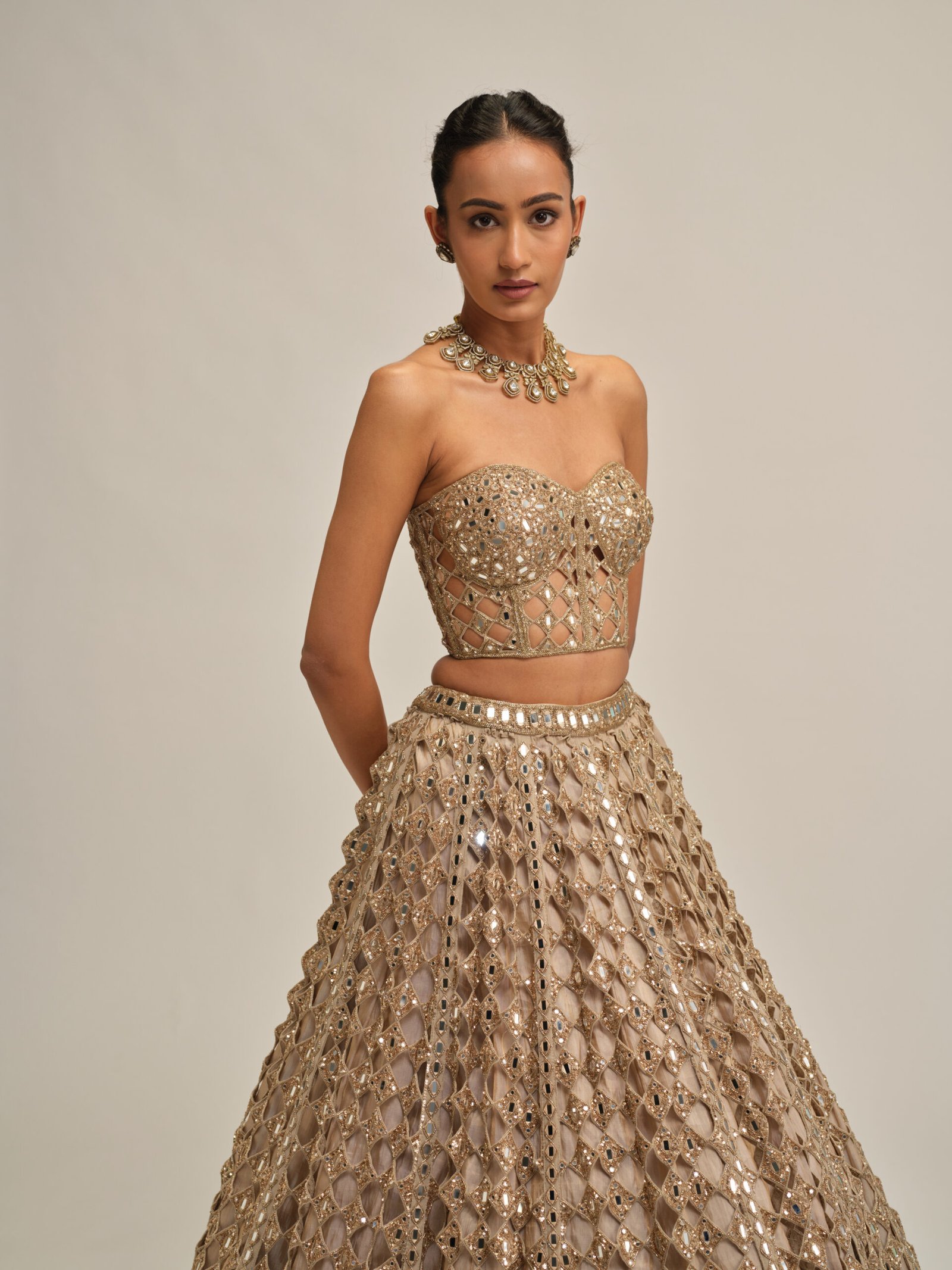 LIGHT BEIGE DIAMOND MIRROR CUTWORK CROP TOP SKIRT SET - Image 2