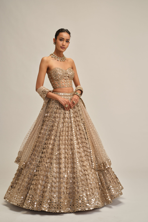 LIGHT BEIGE DIAMOND MIRROR CUTWORK LEHENGA WITH CORSET SET