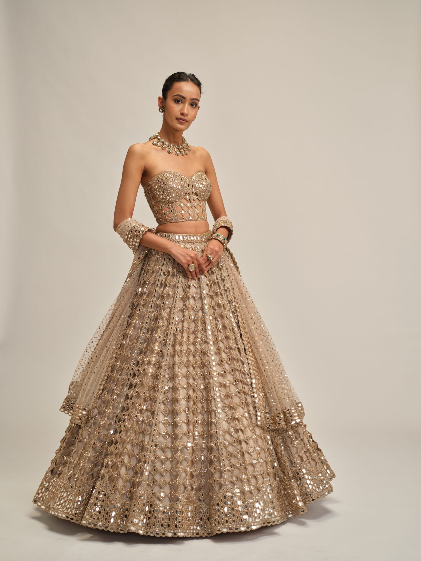 LIGHT BEIGE DIAMOND MIRROR CUTWORK LEHENGA WITH CORSET SET