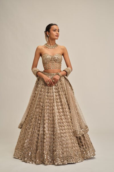 LIGHT BEIGE DIAMOND MIRROR CUTWORK LEHENGA WITH CORSET SET