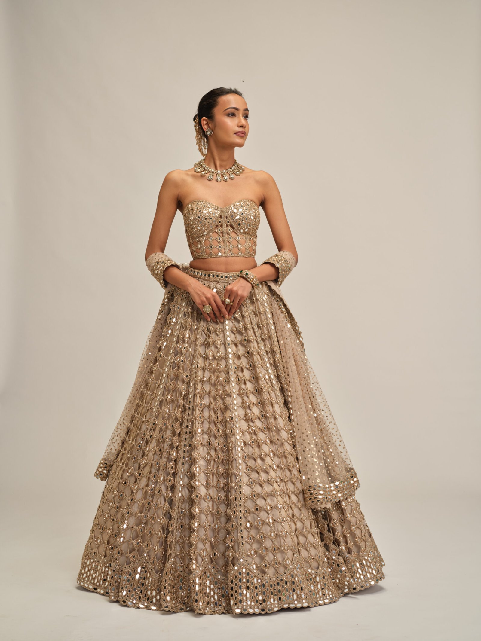 LIGHT BEIGE DIAMOND MIRROR CUTWORK LEHENGA WITH CORSET SET - Image 2