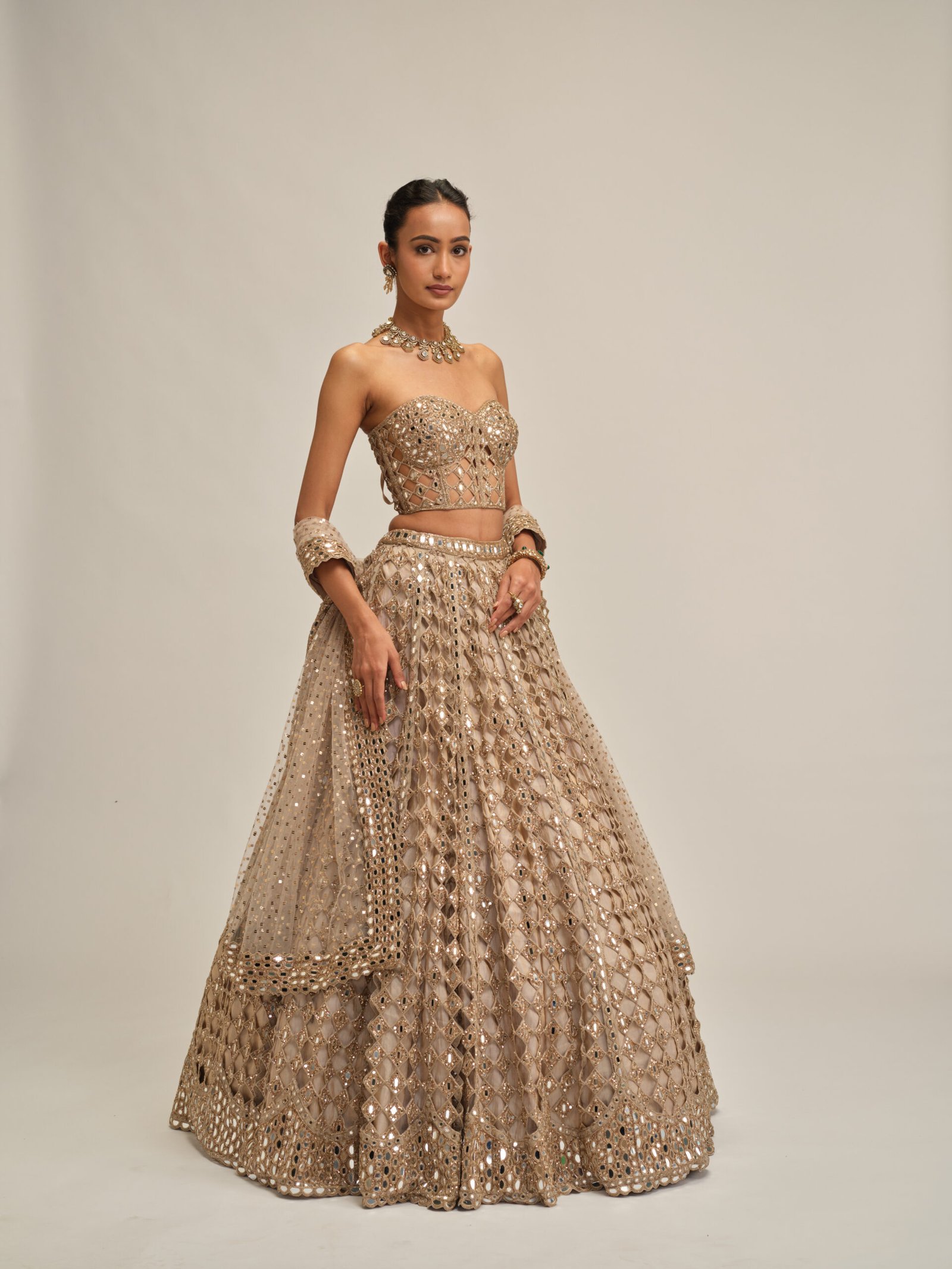 LIGHT BEIGE DIAMOND MIRROR CUTWORK LEHENGA WITH CORSET SET - Image 4
