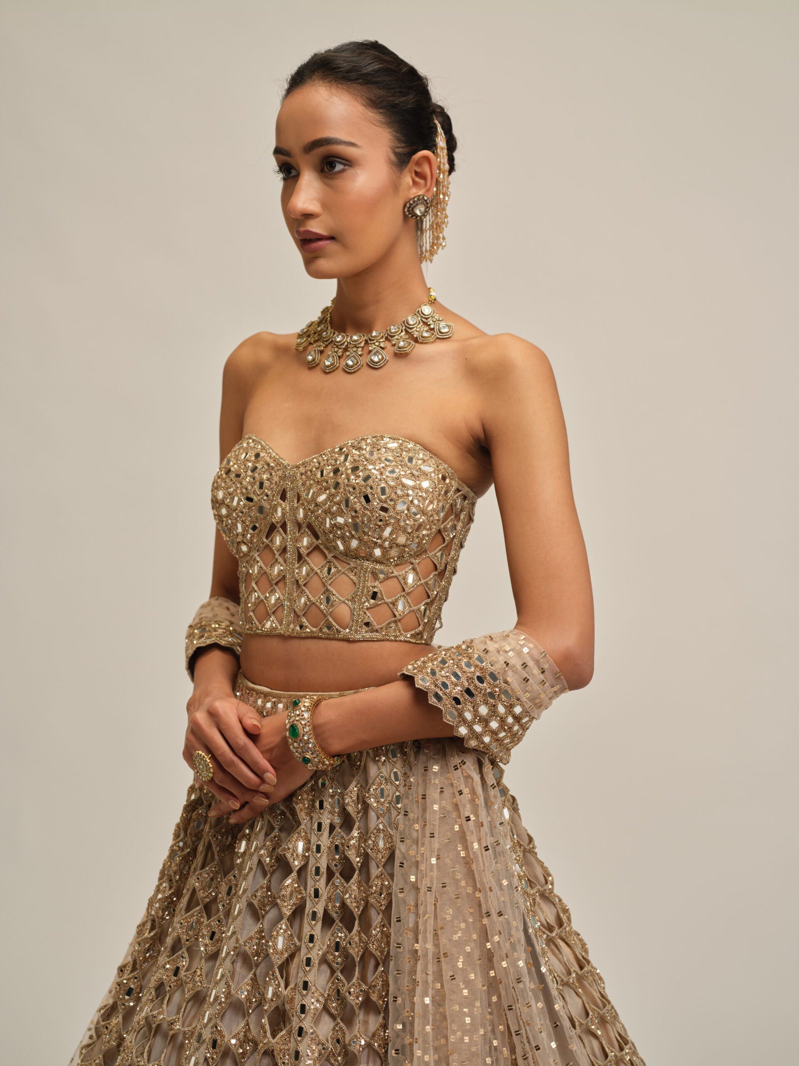LIGHT BEIGE DIAMOND MIRROR CUTWORK LEHENGA WITH CORSET SET - Image 3