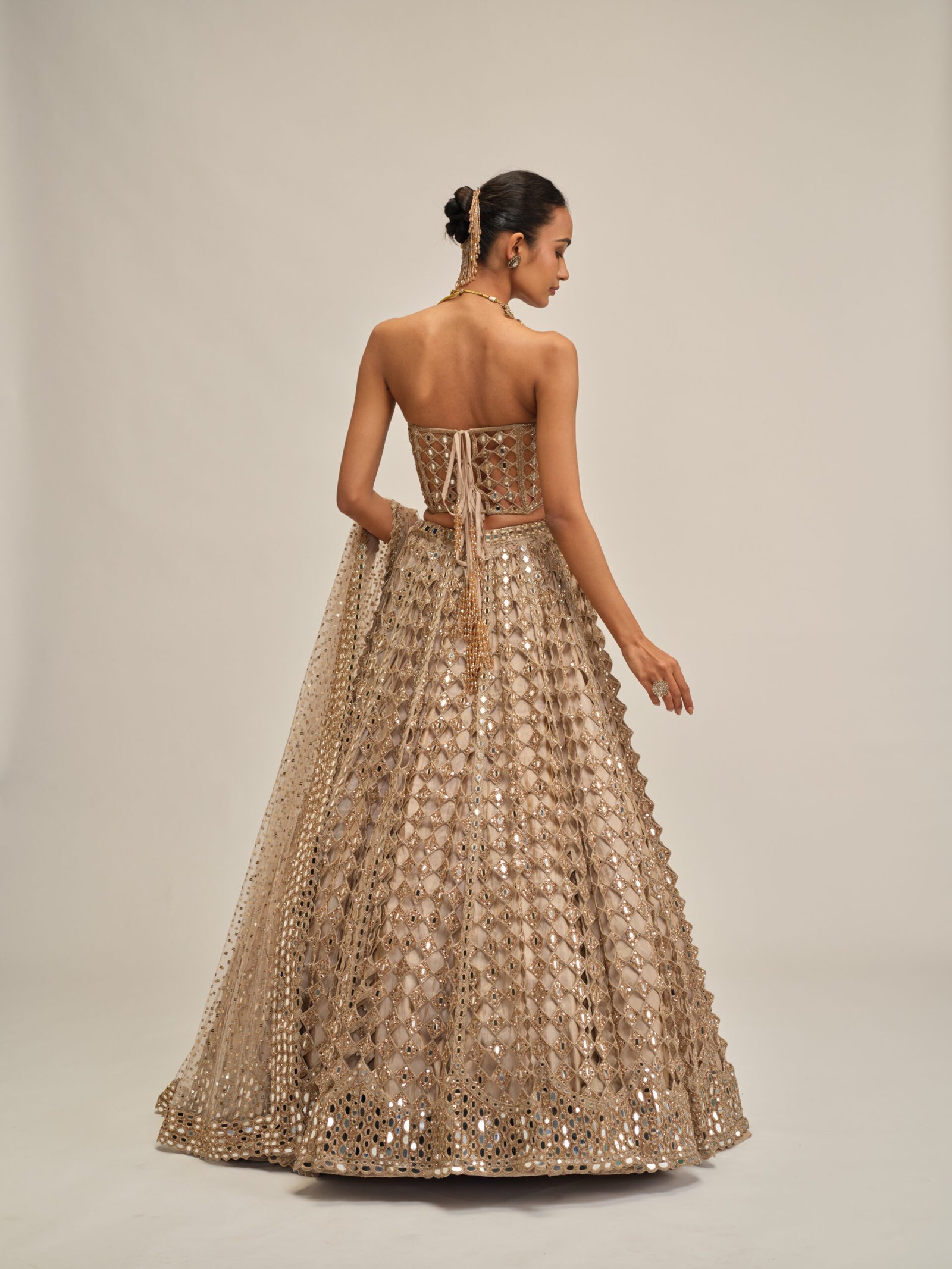 LIGHT BEIGE DIAMOND MIRROR CUTWORK LEHENGA WITH CORSET SET - Image 5
