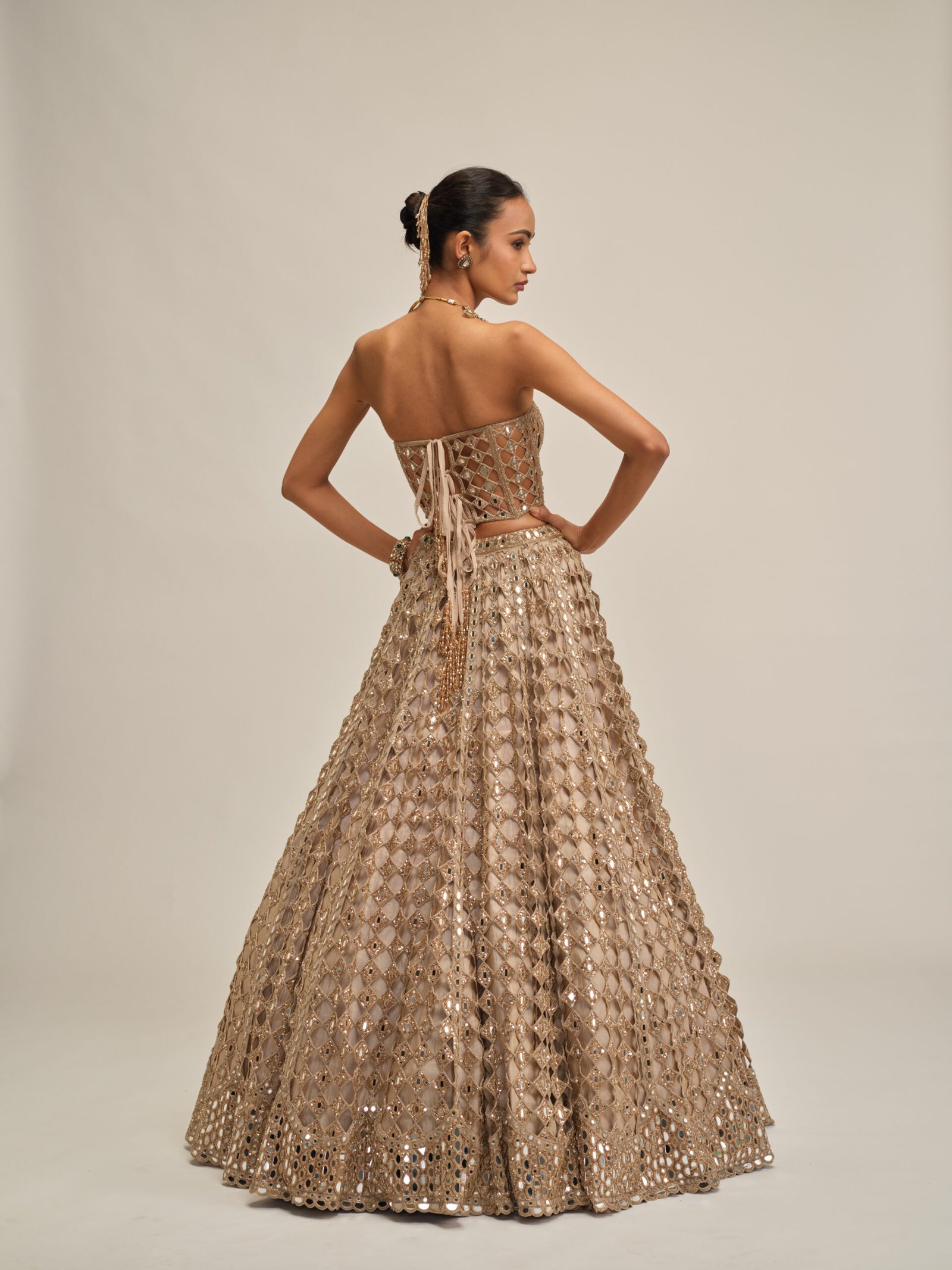 LIGHT BEIGE DIAMOND MIRROR CUTWORK CROP TOP SKIRT SET - Image 4