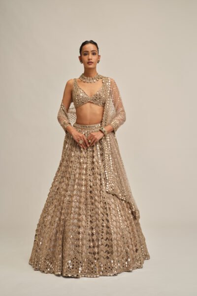 LIGHT BEIGE DIAMOND MIRROR CUTWORK LEHENGA SET