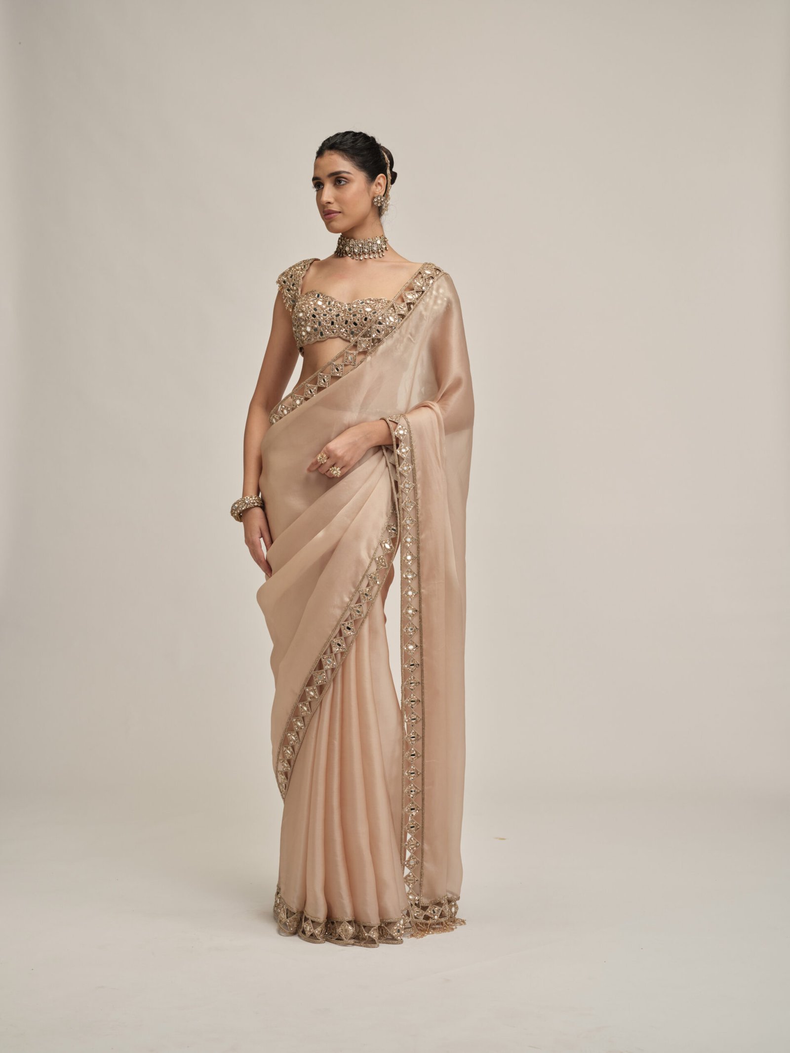 LIGHT BEIGE DIAMOND CUTWORK BORDER SAREE SET - Image 5