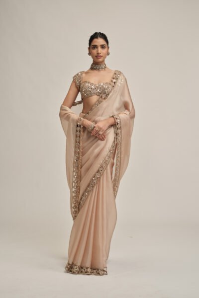 LIGHT BEIGE DIAMOND CUTWORK BORDER SAREE SET