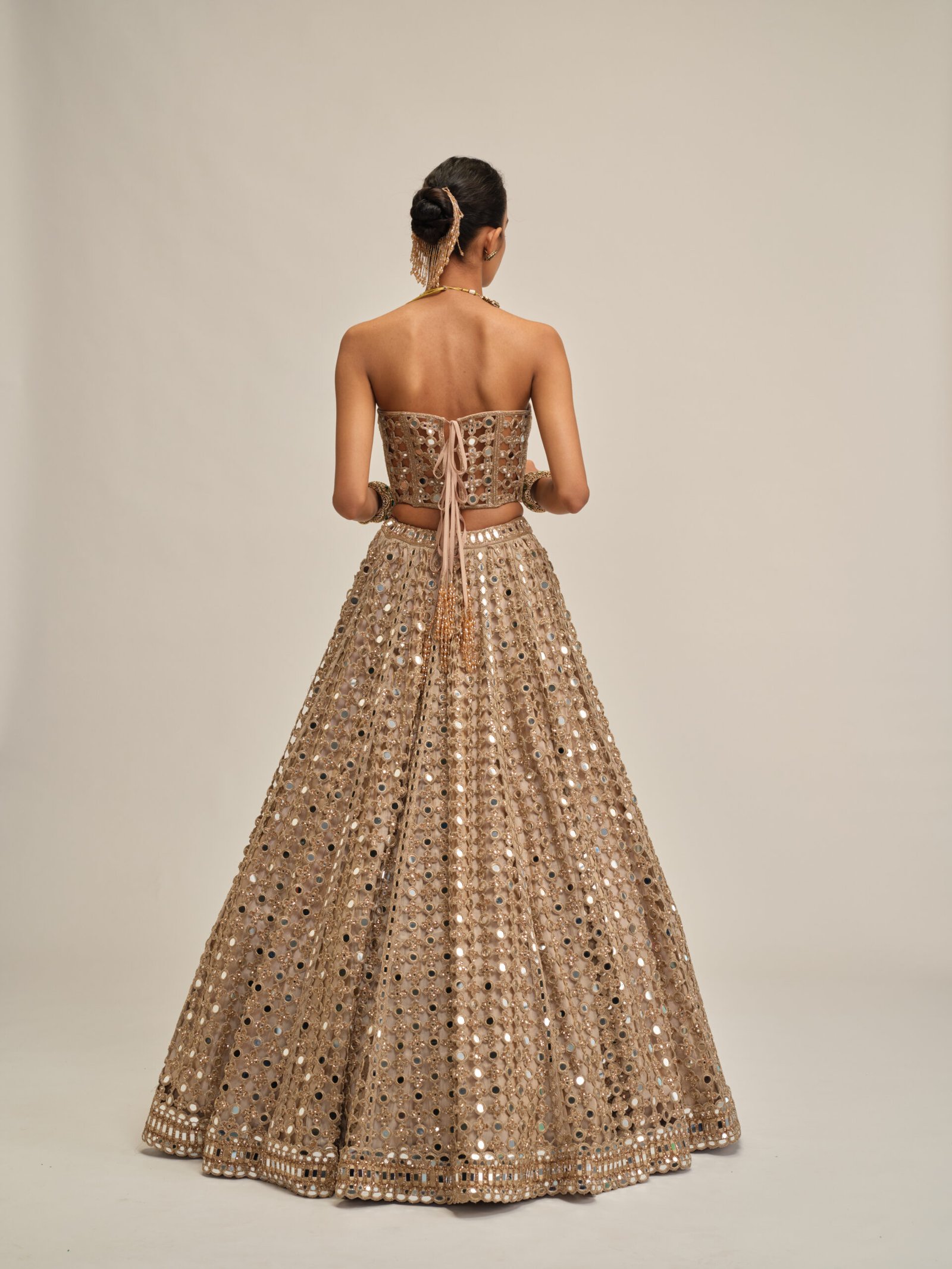 LIGHT BEIGE BIG MIRROR CUTWORK CROP TOP SKIRT SET - Image 4