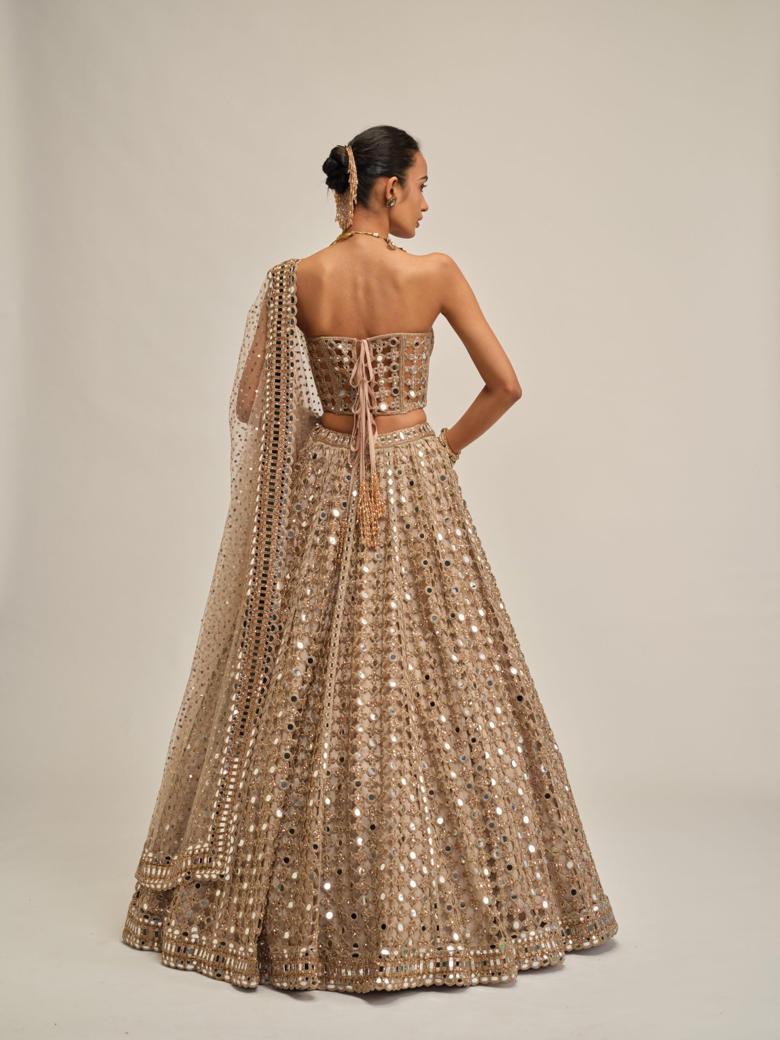 LIGHT BEIGE BIG MIRROR CUTWORK LEHENGA WITH CORSET SET - Image 3