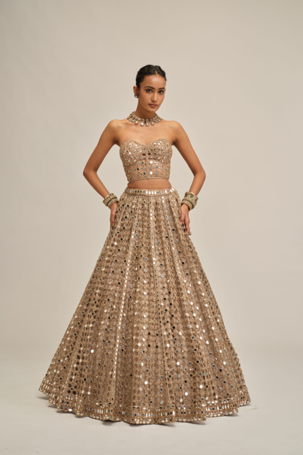 LIGHT BEIGE BIG MIRROR CUTWORK CROP TOP SKIRT SET