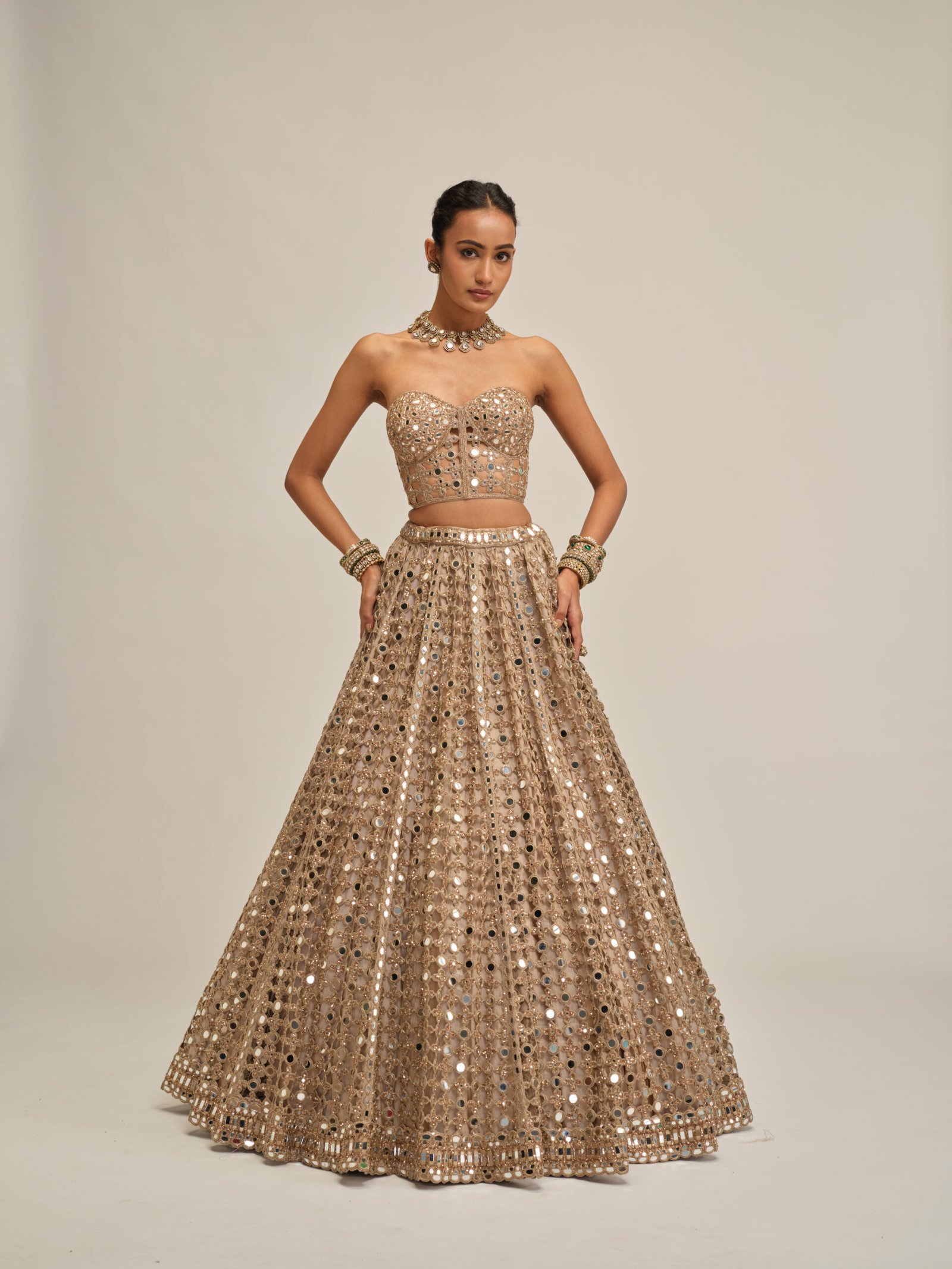 LIGHT BEIGE BIG MIRROR CUTWORK CROP TOP SKIRT SET