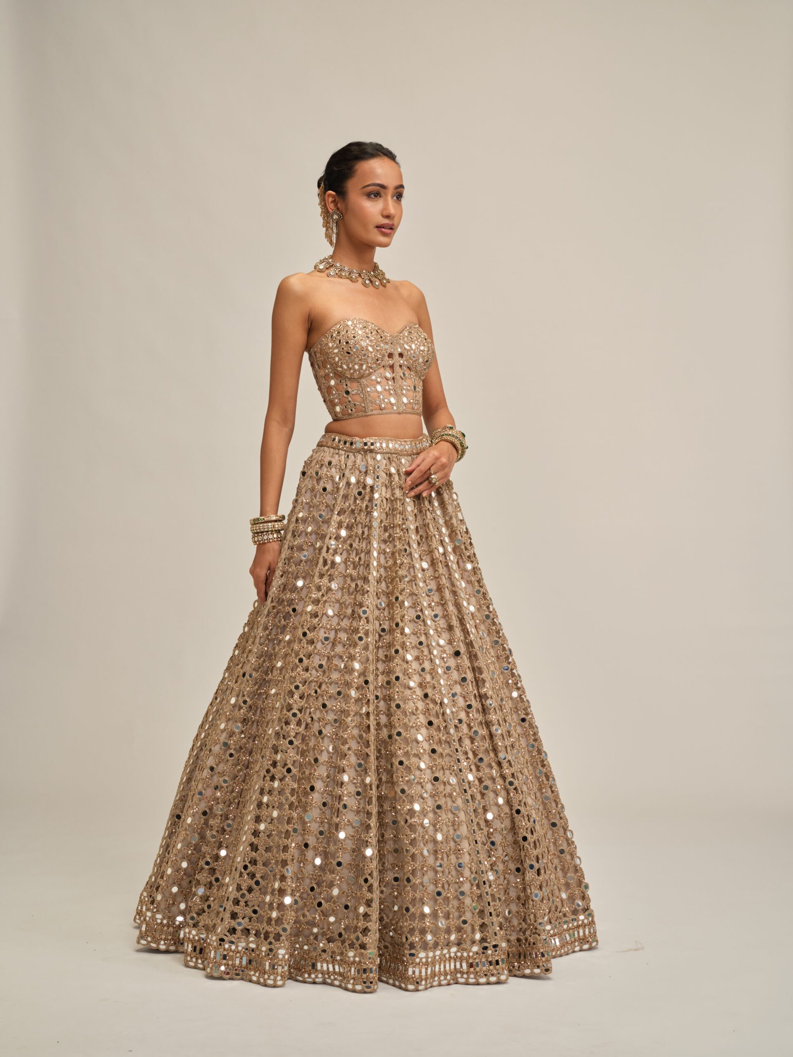 LIGHT BEIGE BIG MIRROR CUTWORK CROP TOP SKIRT SET - Image 3