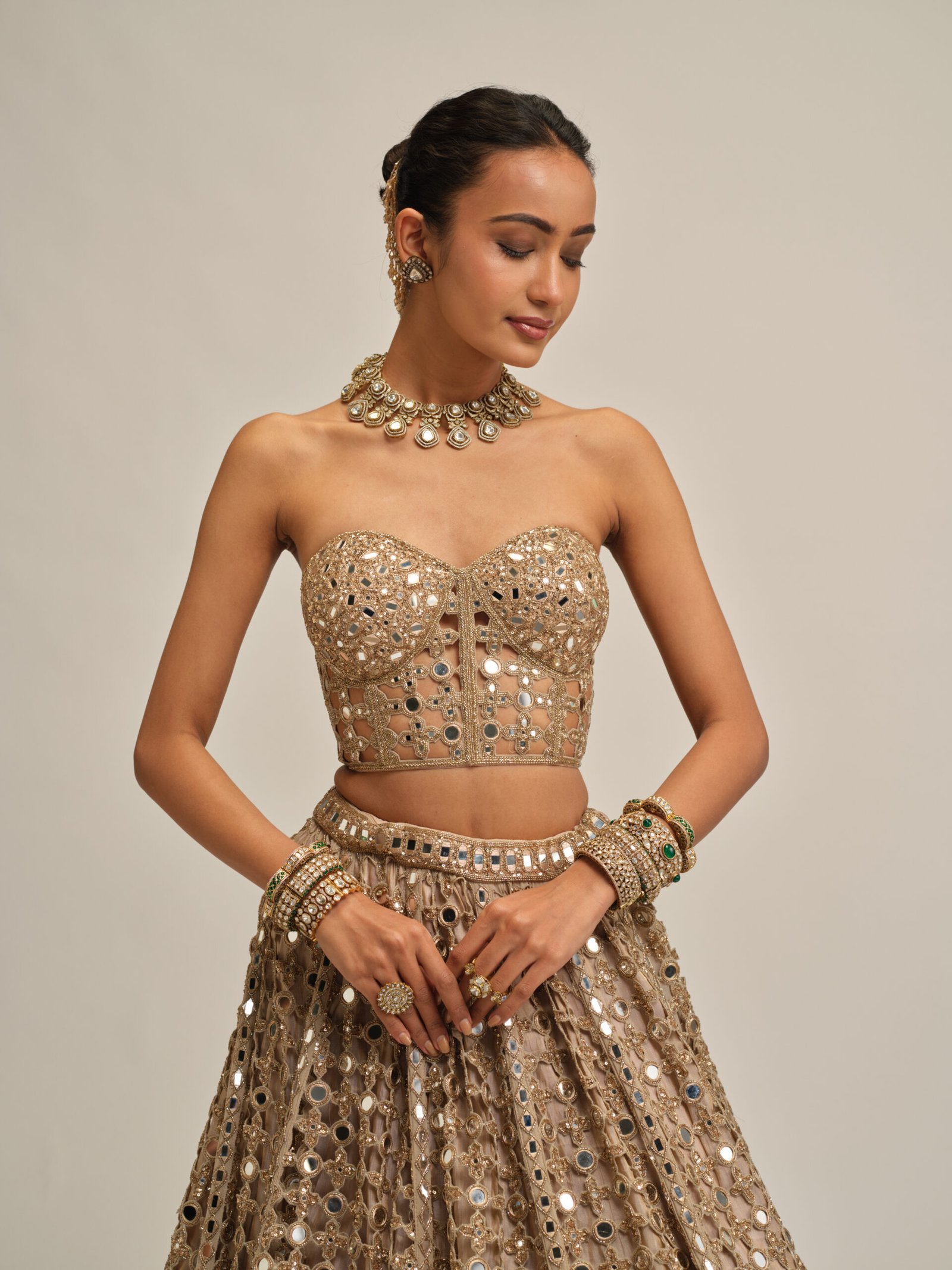 LIGHT BEIGE BIG MIRROR CUTWORK CROP TOP SKIRT SET - Image 2