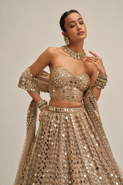 LIGHT BEIGE BIG MIRROR CUTWORK LEHENGA WITH CORSET SET