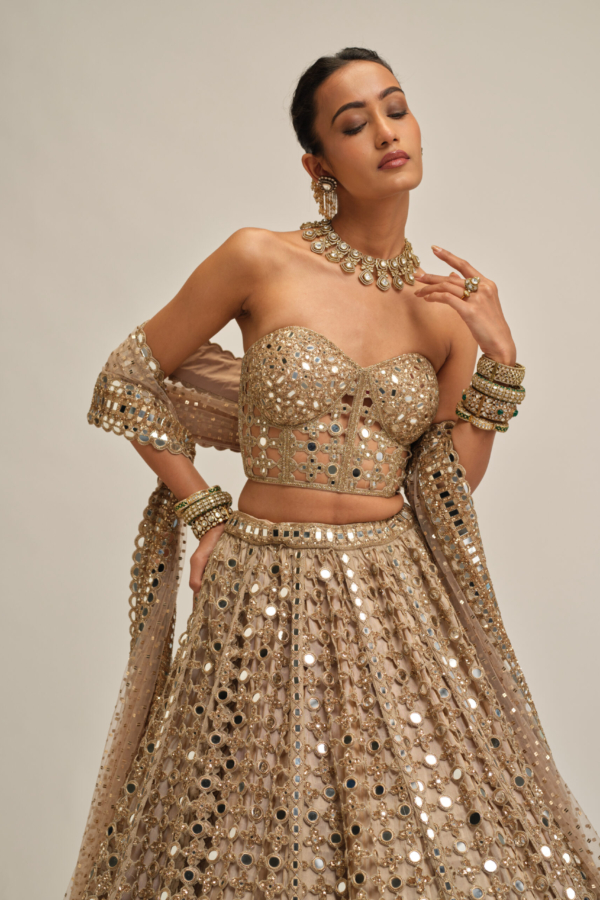 LIGHT BEIGE BIG MIRROR CUTWORK LEHENGA WITH CORSET SET