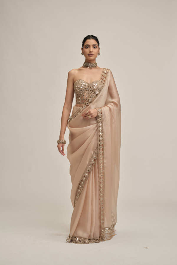 LIGHT BEIGE CUTWORK BORDER SAREE WITH CORSET SET