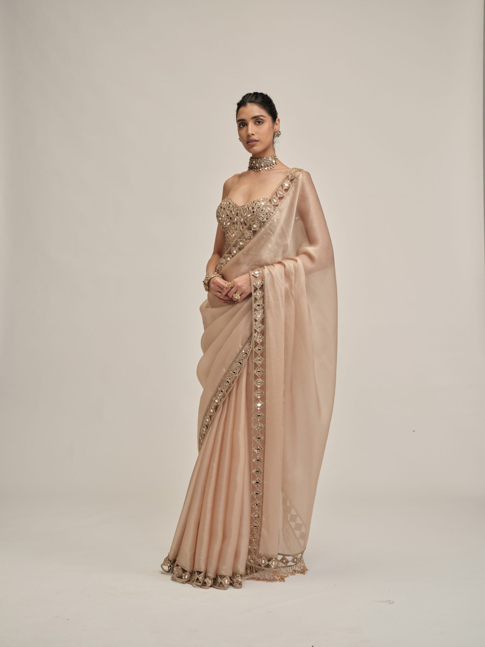 LIGHT BEIGE CUTWORK BORDER SAREE WITH CORSET SET - Image 5