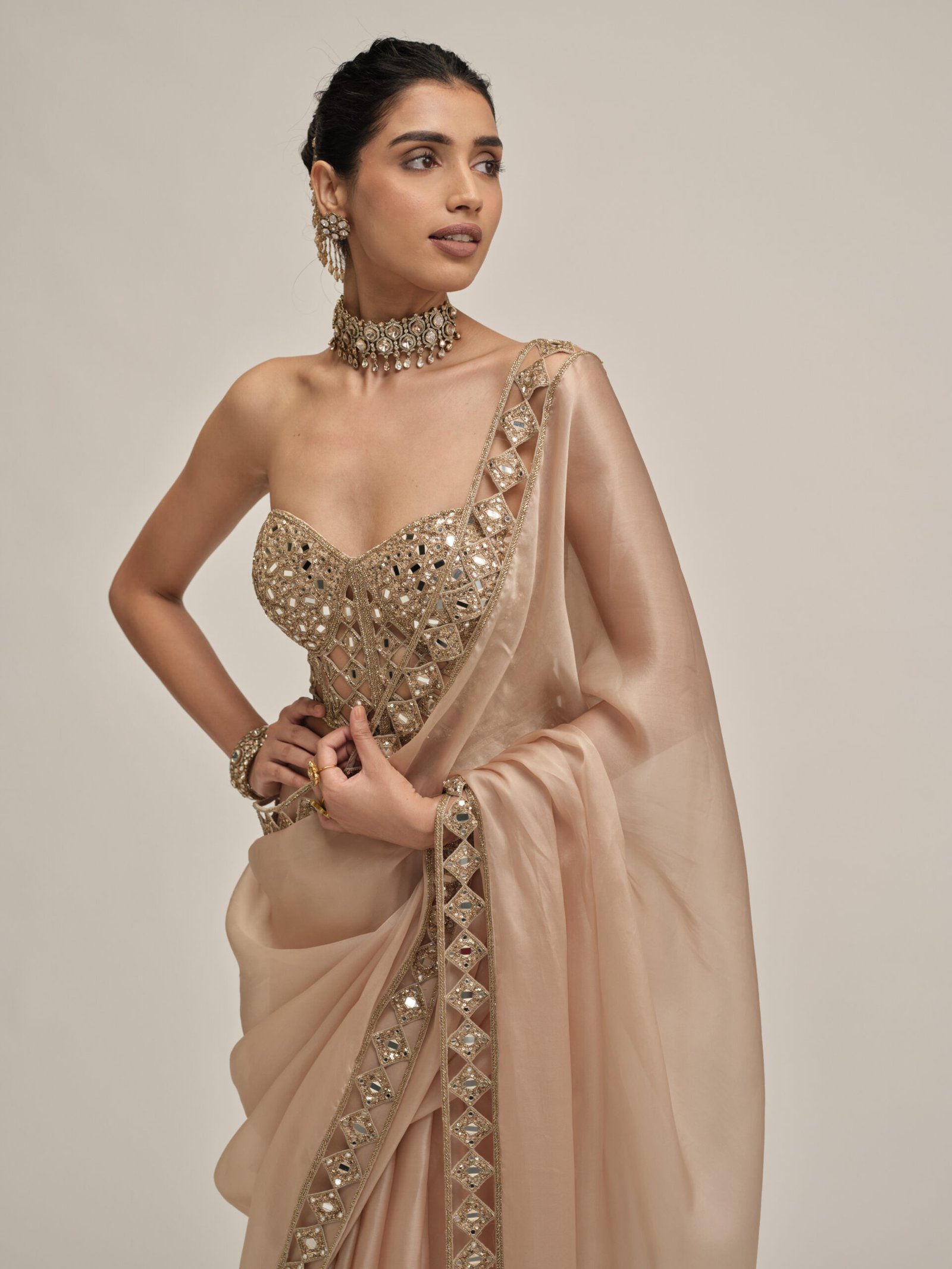 LIGHT BEIGE CUTWORK BORDER SAREE WITH CORSET SET - Image 2