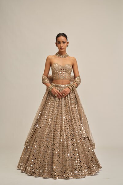LIGHT BEIGE BIG MIRROR CUTWORK LEHENGA WITH CORSET SET