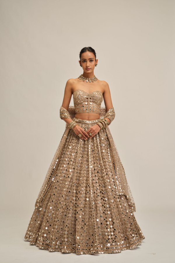 LIGHT BEIGE BIG MIRROR CUTWORK LEHENGA WITH CORSET SET