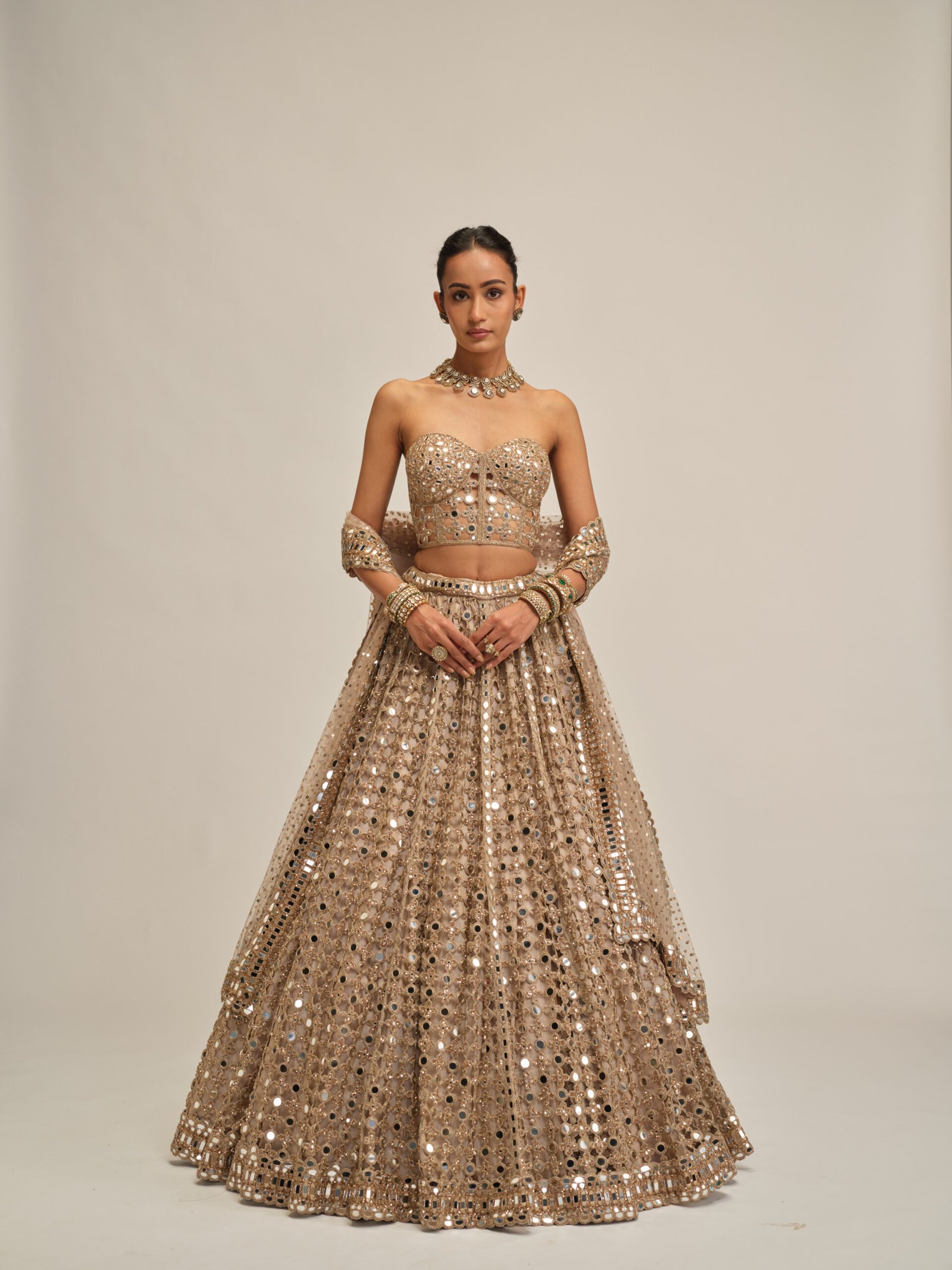 LIGHT BEIGE BIG MIRROR CUTWORK LEHENGA WITH CORSET SET