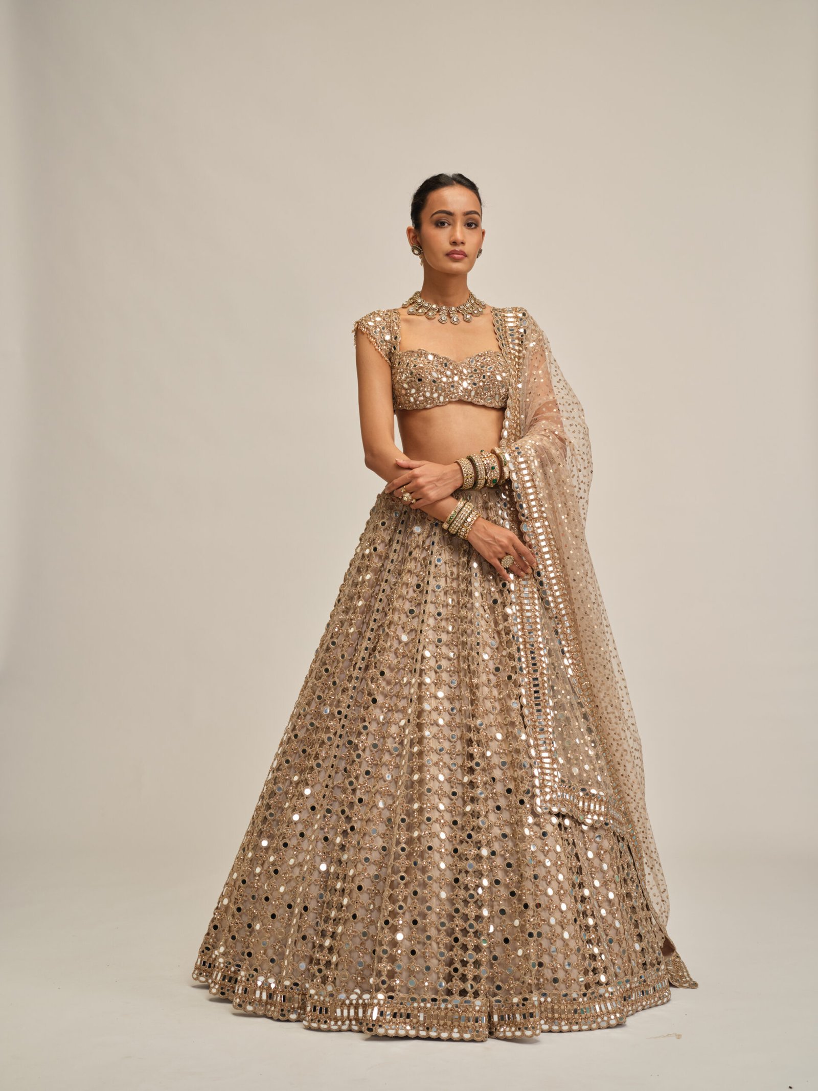 LIGHT BEIGE BIG MIRROR CUTWORK LEHENGA SET - Image 5