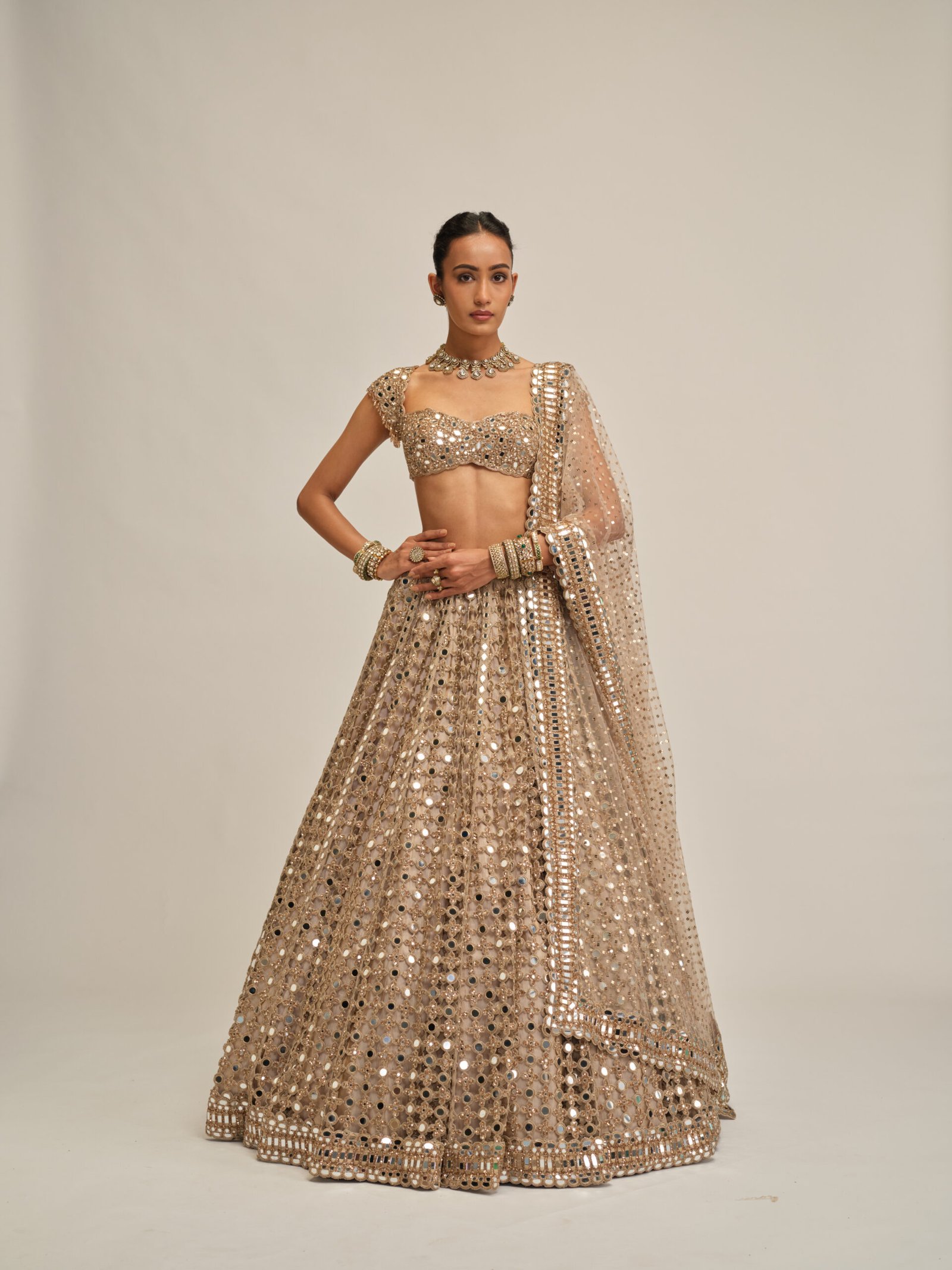 LIGHT BEIGE BIG MIRROR CUTWORK LEHENGA SET