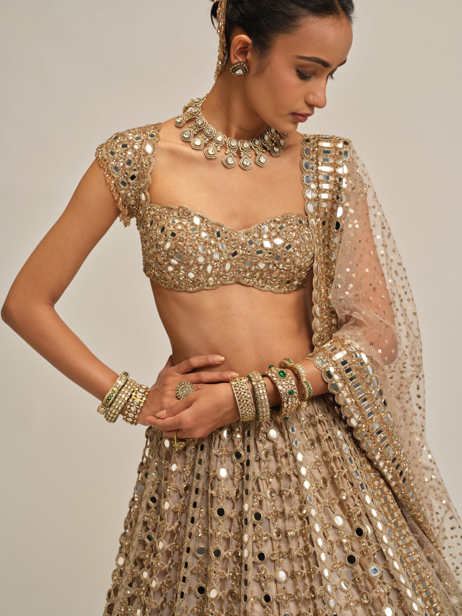 LIGHT BEIGE BIG MIRROR CUTWORK LEHENGA SET - Image 3