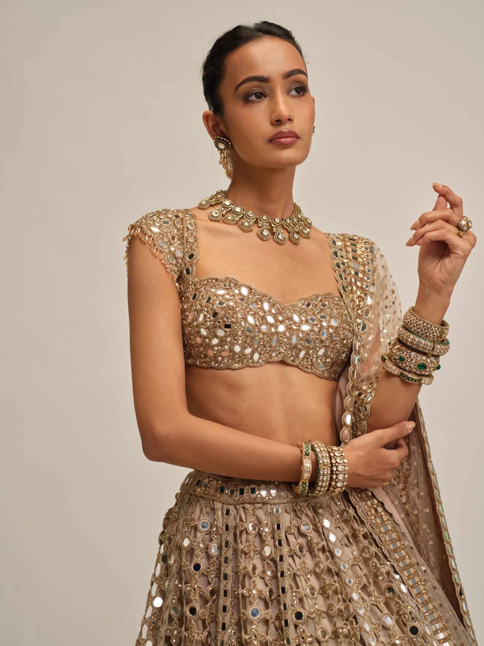 LIGHT BEIGE BIG MIRROR CUTWORK LEHENGA SET - Image 2