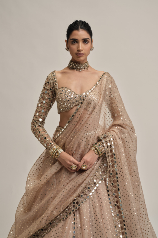 LIGHT BEIGE SEQUINS EMBROIDERED FULL SLEEVES LEHENGA SET