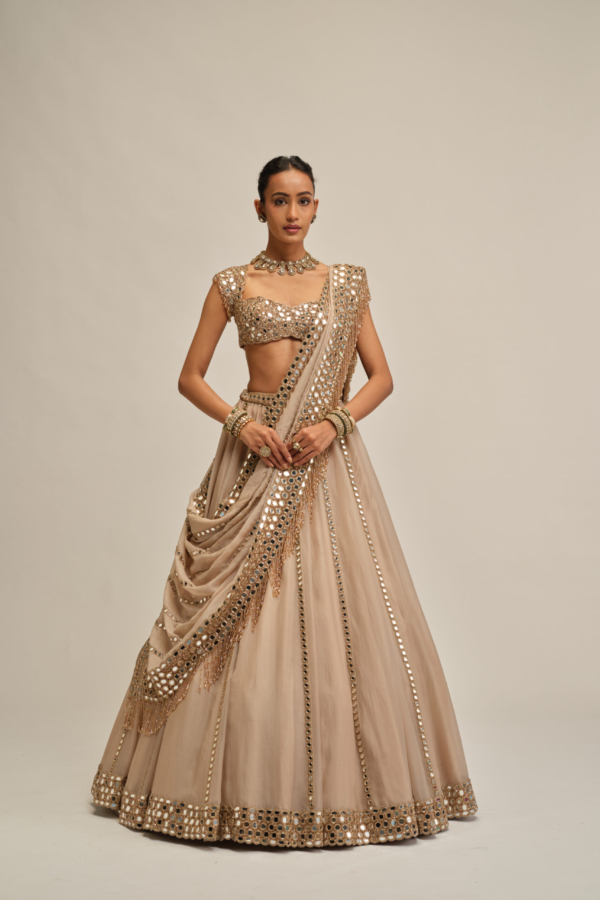 LIGHT BEIGE MIRROR LINEAR EMBROIDERD LEHENGA SET