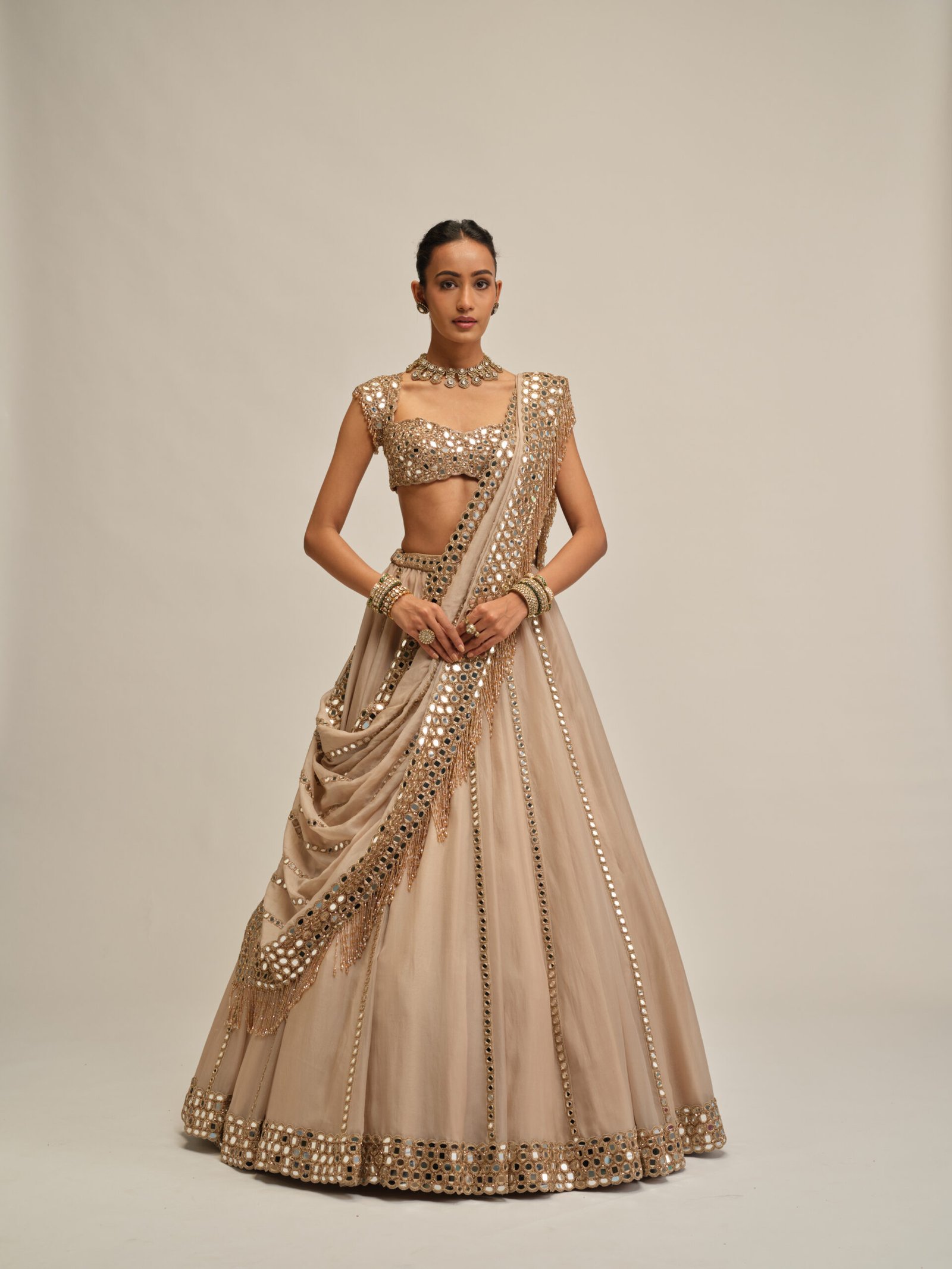 LIGHT BEIGE MIRROR LINEAR EMBROIDERD LEHENGA SET