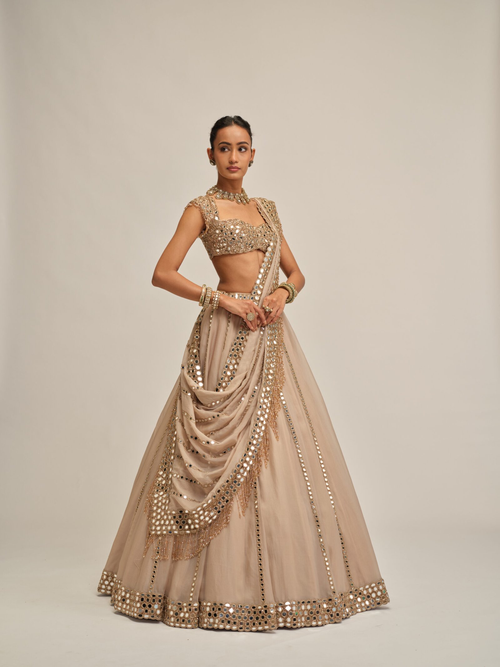 LIGHT BEIGE MIRROR LINEAR EMBROIDERD LEHENGA SET - Image 6